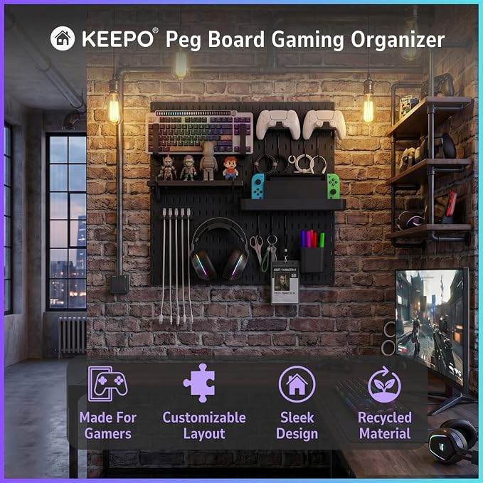 Keepo Peg Board Wall Organizer for Gaming Setup, Pegboard with Adhesives & Screw Mounts, Includes Peg Board Accessories for Gaming Accessories, Tech Storage & Office Organization (Black, 22″×22″) - Image 2