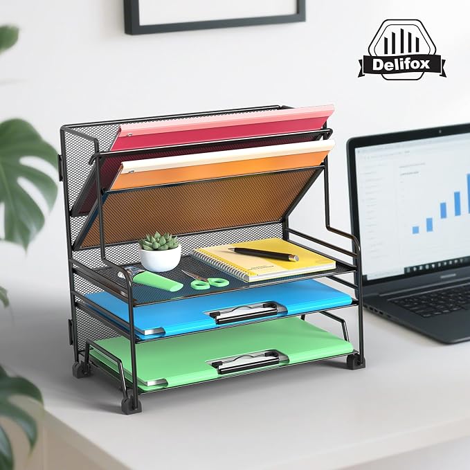Desk File Organizer, 3-Tier Letter Tray Paper Organizer and 2-Pocket Metal Hanging Basket for Office School Classroom Organization - Image 7