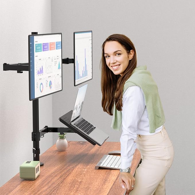 WALI Triple Arm Laptop and Dual Monitor Desk Mount for 17" Notebook and Up to 27" Screens, Extra Tall Adjustable Monitor Stand with Laptop Tray, VESA 75x75 100x100, Black (M002XLLP) - Image 6