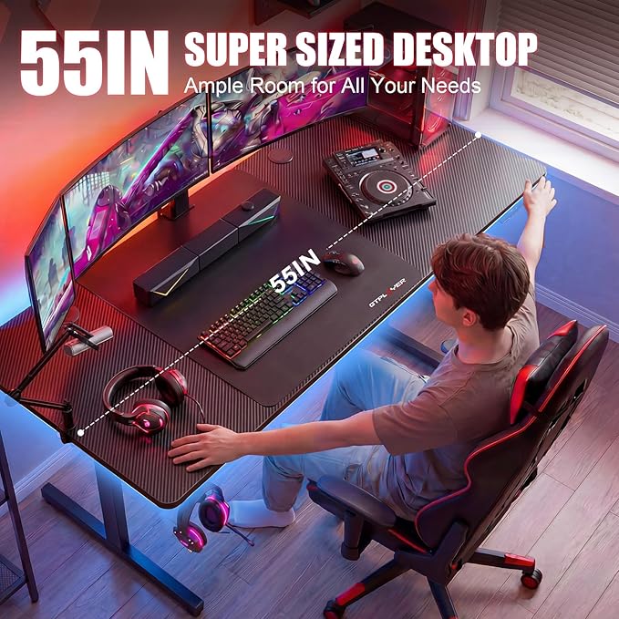 GTPLAYER 55 Inch Gaming Desk with LED Lights, Large Computer Desk with Mouse Pad for Home Office, T-Shaped Carbon Fibre Surface PC Game Workstations with Headphone Hook - Image 4