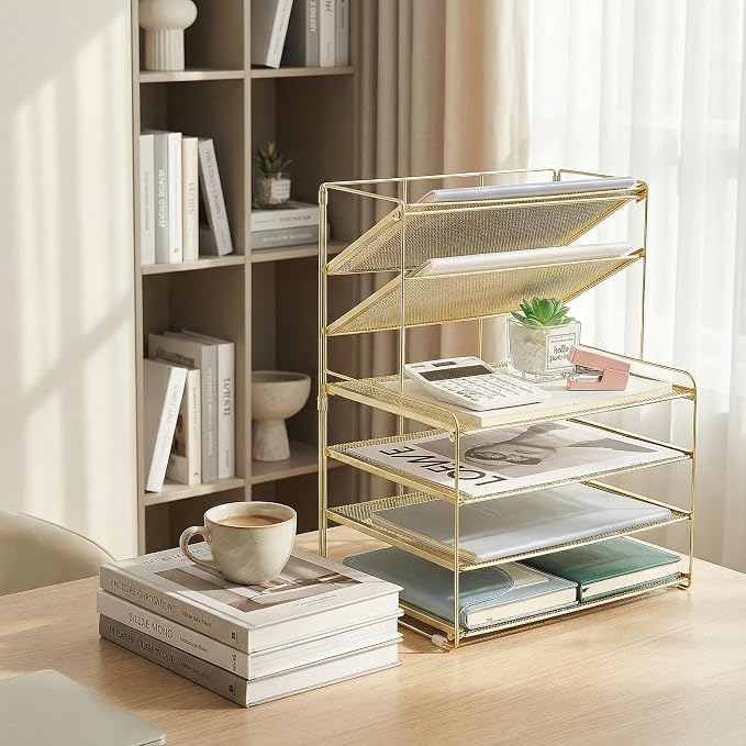 OPNICE Desk Organizer, 6-Tier Letter Tray Paper Organizer, Desktop File Organizer, Office Desk Accessories & Office Decor for Women, Workspace Organizer for Office Supplies(Gold) - Image 3