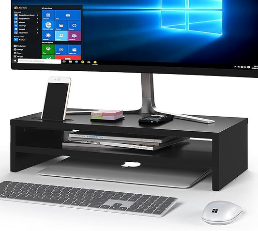 BONTEC Wood Monitor Stand Riser, 2-Tier Desktop Organizer with Storage, Ergonomic Computer Stand for Desk, Cable Management, Cellphone Holder, 21.3 Inch Shelf, Black | Ergonomic Computer Stand for Desk, Cable Management, Cellphone Holder, 21.3 Inch She... by BONTEC