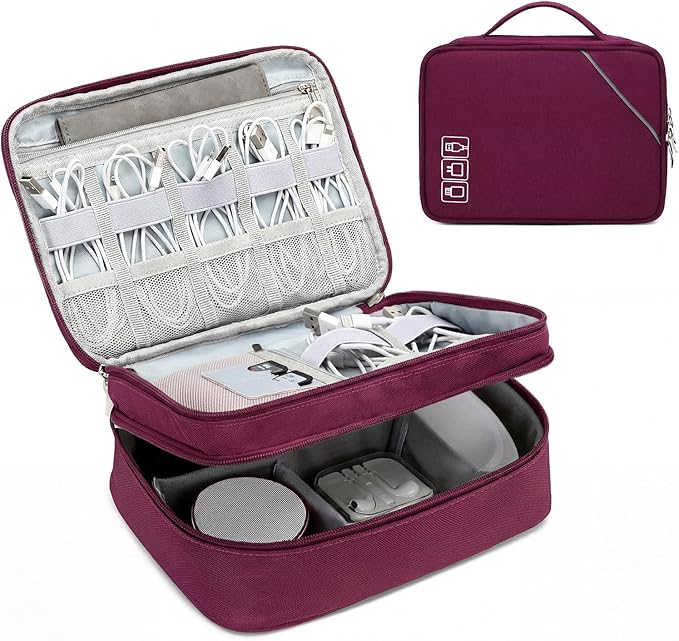 Lanola Electronic Organizer Travel Double Layer Cable Organizer Bag,Accessory Bag for Hard Drives,Cables,USB,SD Card,Memory Cards,Flash Drive,etc. - Red by Lanola