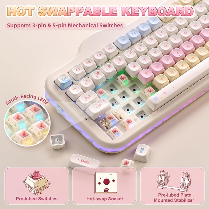 YUNZII C98 Cute Cake Wireless Mechanical Keyboard (Beige, Candy Switch) | 99 Keys with Number Pad, Hot Swap, PBT MOA Keycaps, BT5.0/2.4G/USB-C, Gasket Mount, Custom RGB Backlit for Win/Mac - Image 5