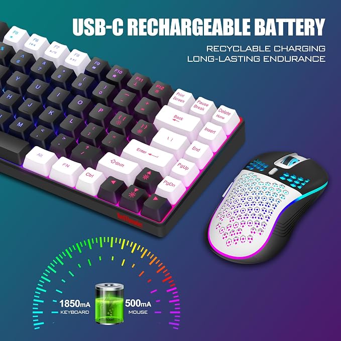 RedThunder K84 Wireless Keyboard and Mouse Combo, Rainbow Backlit Rechargeable Battery, 75% Layout TKL Ultra Compact Gaming Keyboard & Lightweight 3200 DPI Honeycomb Optical Mouse (Black-White) - Image 5