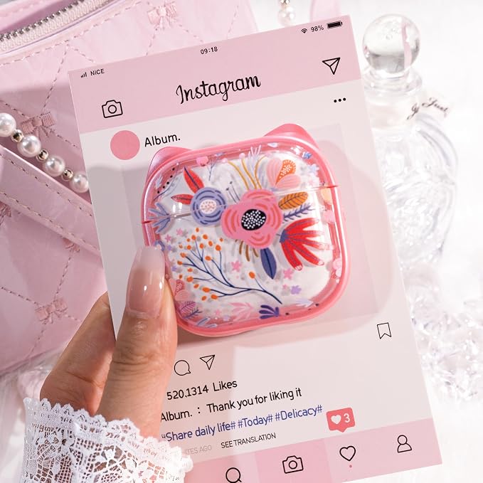 for AirPods 4 Case with Cleaning Kit, Cute Cat Ear Print Design & Cute Buckle, Inverted Phone Holder Design, Top Safe Lock Buckle Design, for Girls AirPods 4 case 2024,Clear Flowers - Image 4