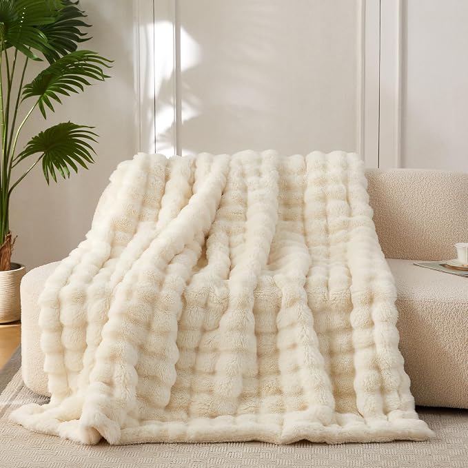 COOVA Faux Fur Throw Blanket for Couch, Cozy Soft and Fuzzy Plush Rabbit Fur Bubble Blanket for Sofa Bedroom Living Room, 60x80 Inches Ivory White by COOVA