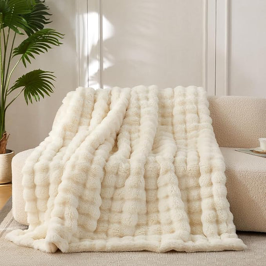 COOVA Faux Fur Throw Blanket for Couch, Cozy Soft and Fuzzy Plush Rabbit Fur Bubble Blanket for Sofa Bedroom Living Room, 50x60 Inches Ivory White by COOVA