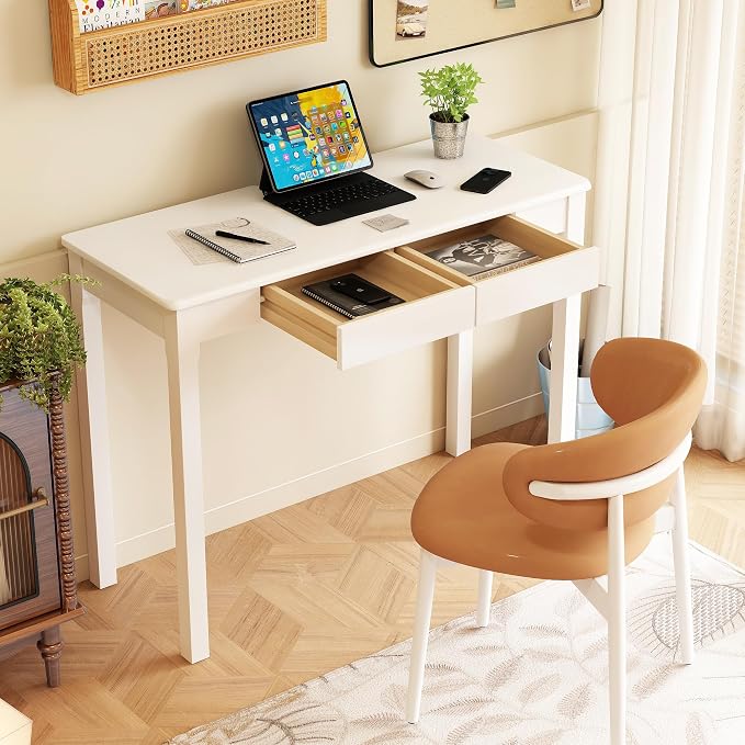 Wood Desk with Drawers - Solid Wood Mid Century Modern Desks for Bedroom, Small Computer Desk for PC, Laptop, Study, Makeup, 39.4 W x 29.5 H x 15.75 D in, White - Image 5