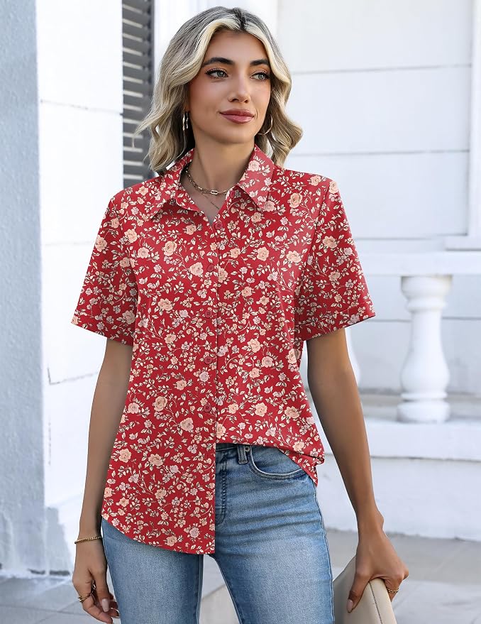 Zeagoo Button Down Shirts for Women Short Sleeve Collared Tops Dressy Casual V Neck Blouses - Image 4