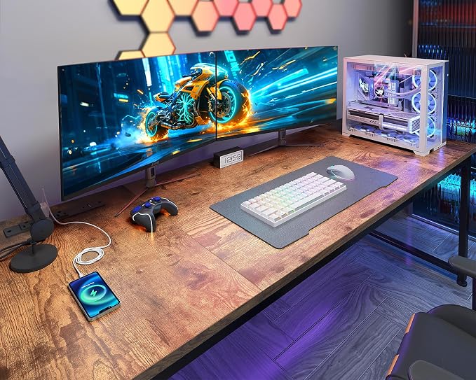Coleshome 71 Inch Computer Desk with USB Ports, Large Office Desk, Long Study Student Writing Desk, Rustic Brown | Extra-long workspace • Fits dual monitors • Stable steel frame • Spacious legroom • Home office & gaming - Image 6