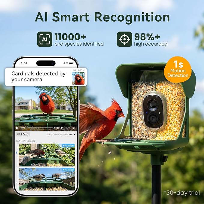 Smart Bird Feeder with Camera, AI Identify Birds Species, 2K HD Color Night Vision, IP65 Waterproof Solar Powered Bird Feeder with 142° Wide Angle, Auto Capture & Real-Time Notifications, Ideal Gift - Image 2