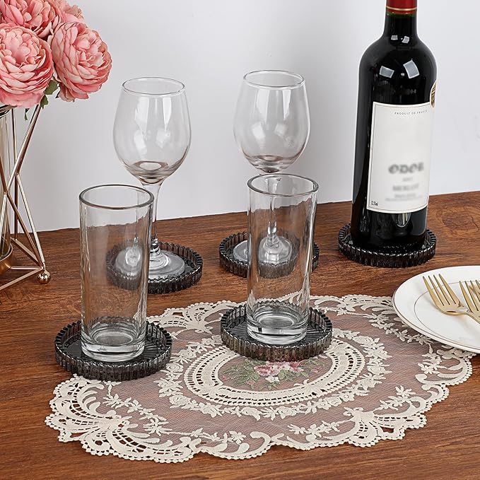 Modern Clear Coaster Set of 5- Glass Coasters for Drinks Crystal Coasters Round Cup Coasters Coffee Table Decor for Office, Kitchen, Bar, Dining Room, Living Room, Patio (Clear Black) - Image 2