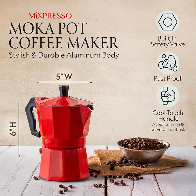 Mixpresso 3 Cup Moka Pot Stovetop Espresso Maker, Italian Cuban Coffee Pot | 5oz aluminum Italian coffee maker for gas and electric stovetops, small design for traditional espresso-style coffee at home - Image 3