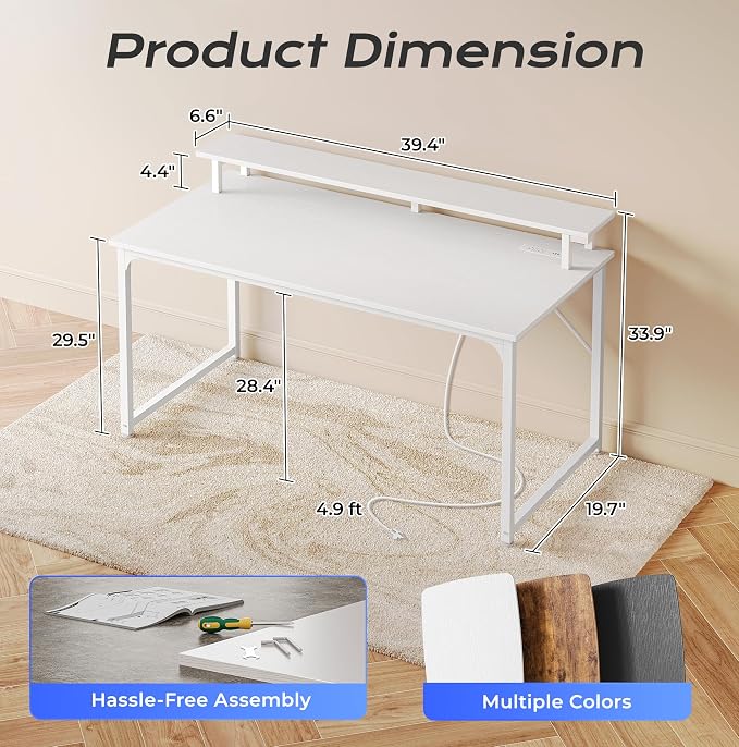 PRAISUN 40 inch Gaming Desk, LED & Power Outlets, Monitor Stand, White | Sturdy PC Desk for Home Office, Study & Work, LED Lights, 4 AC Outlets & USB-C Charging Station - Image 3