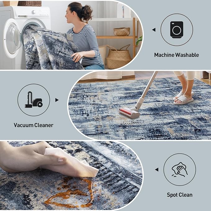 10x14 Area Rugs Washable Rug: Modern Abstract Living Room Rug Soft Anti-Skid Thin Carpet Indoor Floor Non-Shedding Carpets for Bedroom Dining Room Farmhouse Nursery Home Office Blue Gold - Image 4