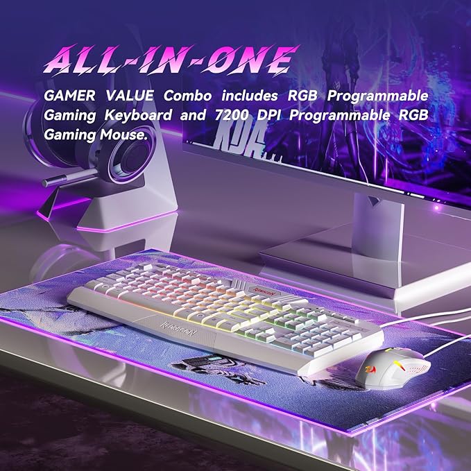 Redragon Updated Programmable Gaming Keyboard and Mouse, RGB Backlit Keyboard Mouse with Software, Independent Macro Record Keys, Value Combo Set, White - S101-3 PRO - Image 2