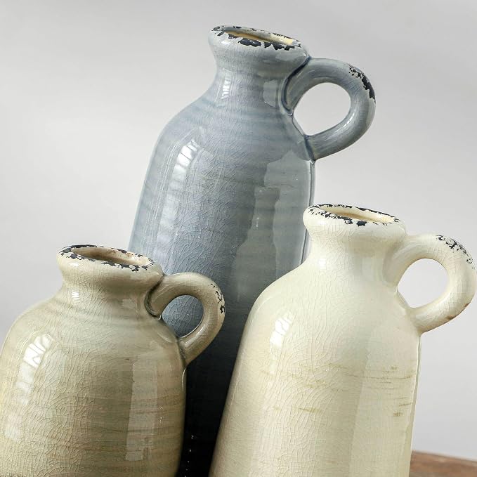 Ceramic Vases Set of 3, Neutral Rustic Farmhouse Vase with Handle, Decorative Flower Vases Home Decor Modern Boho Pampass Vase for Table Mantel Entryway Shelf Living Room Kitchen Bathroom - Ocean - Image 3