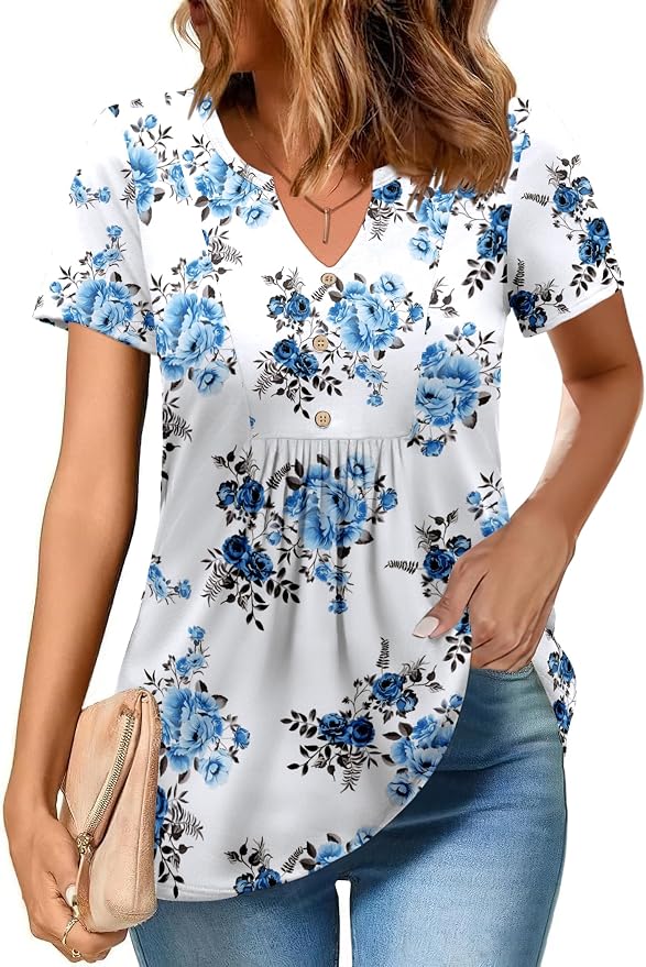 Zeagoo Womens Short Sleeve Tops Summer Henley V-Neck Tshirts Casual Pleated Blouse Dressy Loose Floral Basic Tee - Image 2
