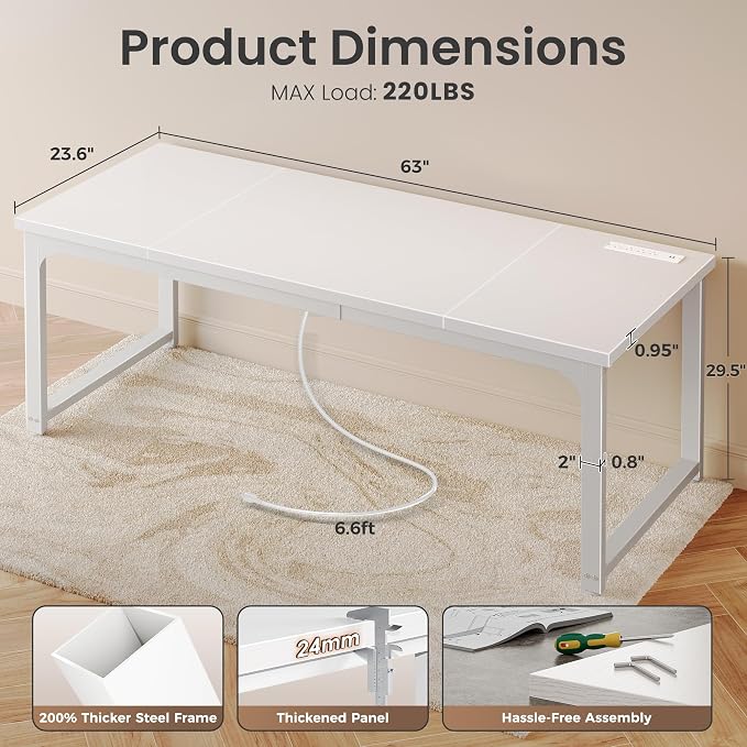 Huuger 63 x 24 inch Desk with Power Outlets & USB-C, Deeper & Thicker Desktop, Robust Metal Tubes, Computer Desk, Heavy Duty Office Desk, Work Gaming Desk, for Home Office, White - Image 2