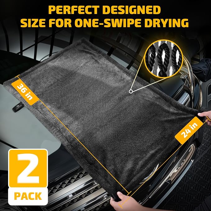 SMINDER 2-Pack 1200 GSM Car Drying Towels – Microfiber Towels for Cars (36" x 24"), Ultra-Absorbent, Streak-Free, Scratch-Free, No Water Spots, Double-Twist Pile & Edgeless Design - Image 2