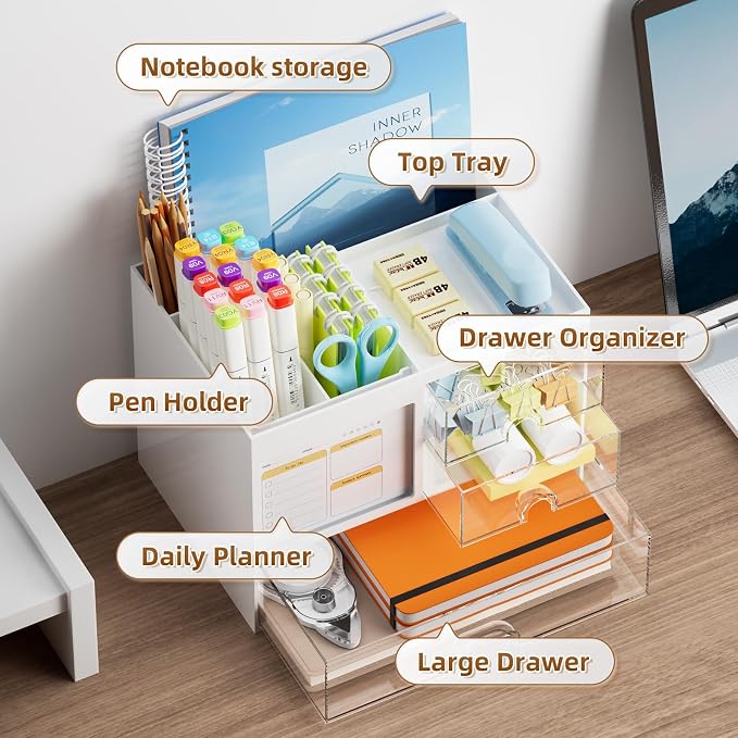 Marbrasse Desk Organizer with 3 Drawer, Multi-Functional Pencil Pen Holder for Desk, Desk Organizers and Accessories with 4 Compartments, Desktop Organizer Storage for Office Home Art Supplies (White) - Image 2