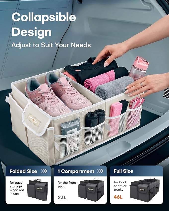 HOTOR Trunk Organizer for Car - Car Organizer, Foldable Trunk organizer for SUVs & Sedans, Sturdy Organization for Car Accessories, Tools, Sundries, Beige, 2 Compartments, 21.3"×12.6"×10.6" - Image 5