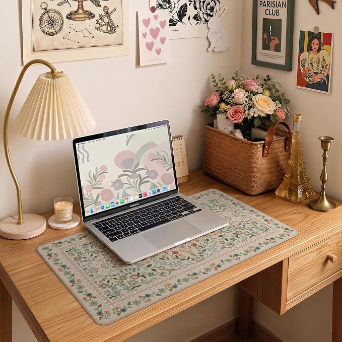iCasso Aesthetic Flower Mouse Pad for Laptop, 23.6x13.7in Desk Pad, Beige | Desk Matt for Desktop,Anti-Slip Mousepad with Stitched Edges for Laptop Computer Keyboard - Image 6
