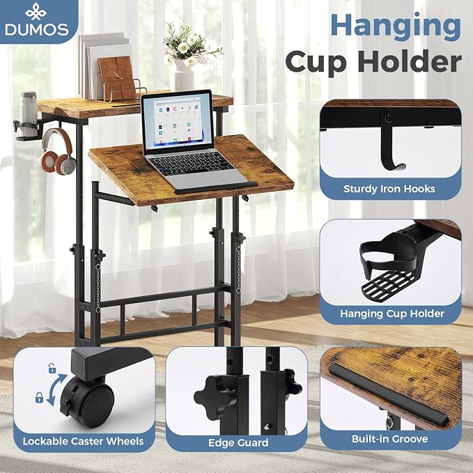 DUMOS Rolling Standing Desk, Sit Stand Desk, Computer Cart | 23.6 Inch Width, Height Adjustable, Split Top, Mobile Laptop Workstation, Office Table, Portable Design, Rustic Brown - Image 3