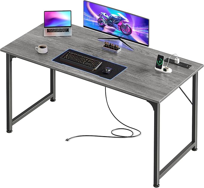 PRAISUN 47 X 20 Inch Computer Desk, Power Outlets, USB-C, Grey | Office Desk with 4 AC Outlets, USB & USB-C, Sturdy Metal Frame, Spacious Desktop for Work, Writing, Study & Gaming by PRAISUN