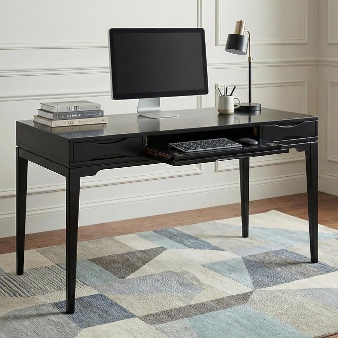 SIMPLIHOME Harper Desk - 60 Inch Wide Solid Wood Writing Desk in Black, Mid-Century Modern Home Office Computer Table for Workspace or Study with 2 Drawers and Flip-Down Keyboard Tray - Image 2