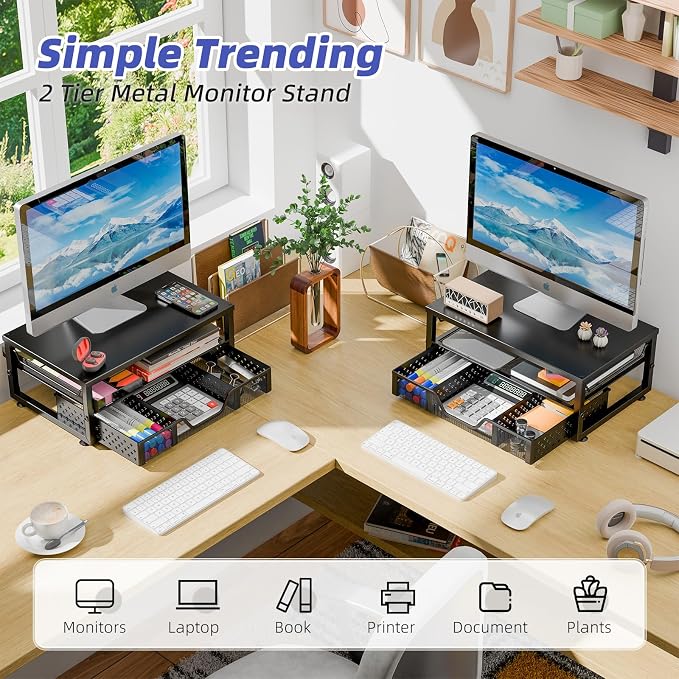 Simple Trending Monitor Stand Riser with Drawer, Black for Home Office | Metal 2-Tier Monitor Stand with Hidden Drawer | Ergonomic Neck Support | Desk Organizer | Space Saving | Fast Setup - Image 5