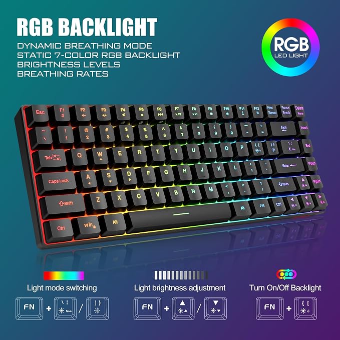 RedThunder K84 Wireless Keyboard and Mouse Combo, Rainbow Backlit Rechargeable Battery, 75% Layout TKL Ultra Compact Gaming Keyboard & Lightweight 3200 DPI Honeycomb Optical Mouse (Black) - Image 3