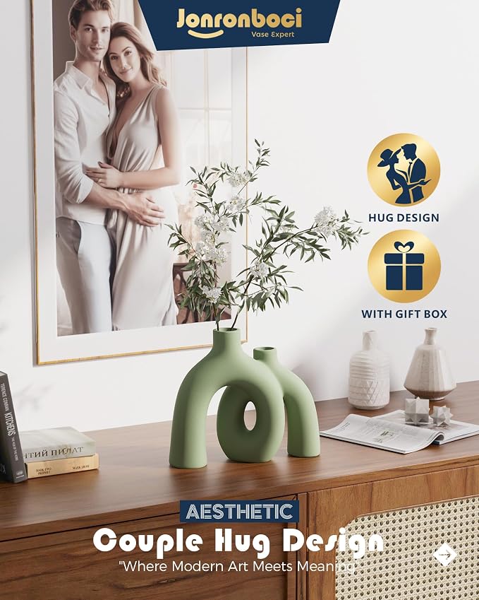 Hug Donut Decorative Vase Set - Sage Green Modern Nordic Boho Style Vases Home Decor,Matte Ceramic Decorations for Living Room Shelf, Bookshelf Mantle Entryway Table or Console Décor(Green) - Image 3