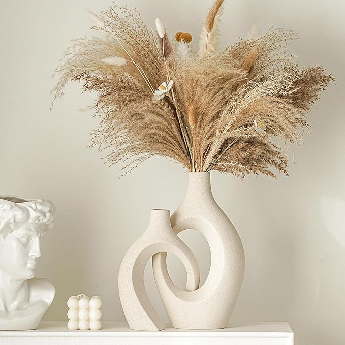 Lvases Snuggle Hollow Ceramic Vase Set of 2, Boho ins Style Round Nordic Mid Century Modern Aesthetic Decorative Vase for Home Decor (Cream W 6.8" X H 11") - Image 5