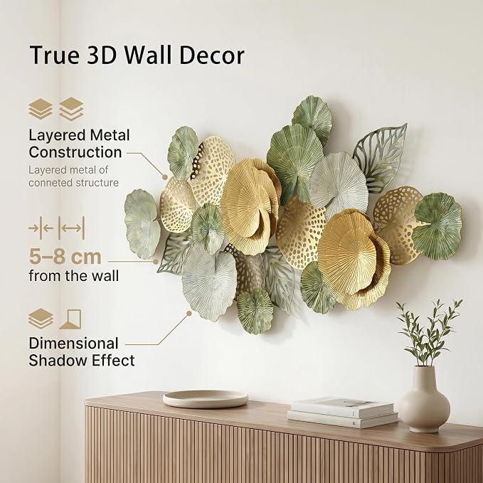 Axioglo 51" Large Wall Decor 3D Lotus Leaf Metal Wall Art for Living Room | 51" x 26" metal wall decor with layered metal texture, mounting hardware, two-way display - Image 2