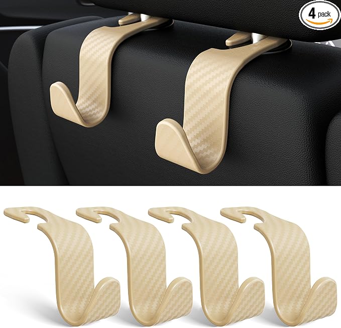 Amooca 4-Pack Car Headrest Hooks Vehicle Storage Organizer for Purses Handbags Groceries Coats – Heavy Duty 360° Rotating Simple Design Checkered Beige by Amooca