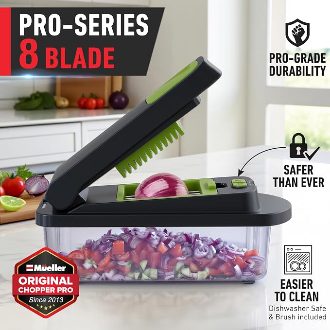 MUELLER HOME Pro-Series 10-in-1 Vegetable Chopper with Container, 8 Blade | Fruit Cutter, Dicer, Tomato Slicer, French Fry Cutter Potato Slicer, Salad Chopper, Gray/Green - Image 2
