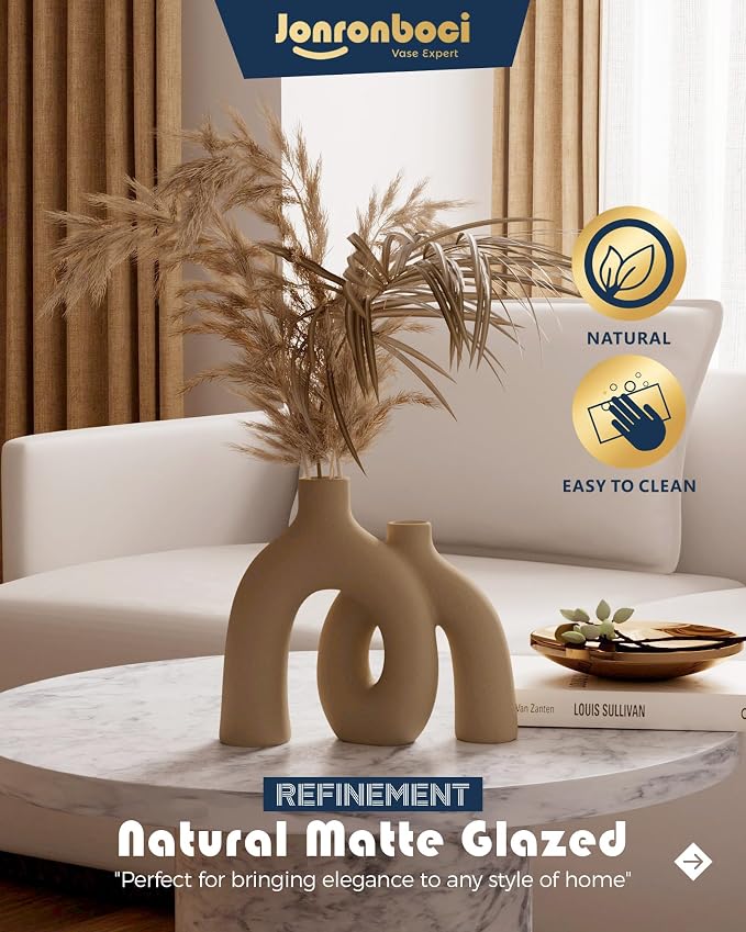 Hug Donut Decorative Vase Set - Tan Modern Rustic Farmhouse Style Vases Home Decor,Matte Ceramic Decorations for Living Room Shelf, Bookshelf Mantle Entryway Table Centerpiece or Console Décor(Brown) - Image 4