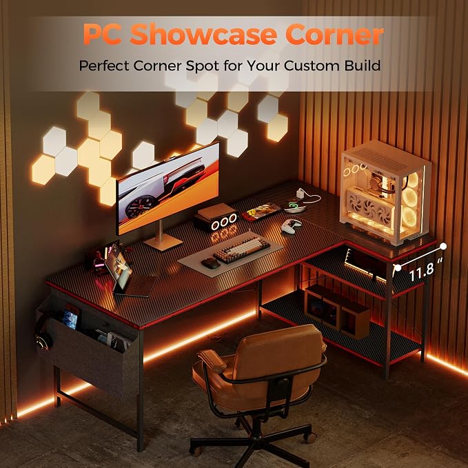Mericonia 39 inch Corner Desk with Shelves, Small L Shaped Gaming Desk | Reversible Computer Desk with Power Outlets & Storage Bag, Office Table for Home Bedroom Study Work Writing - Image 3