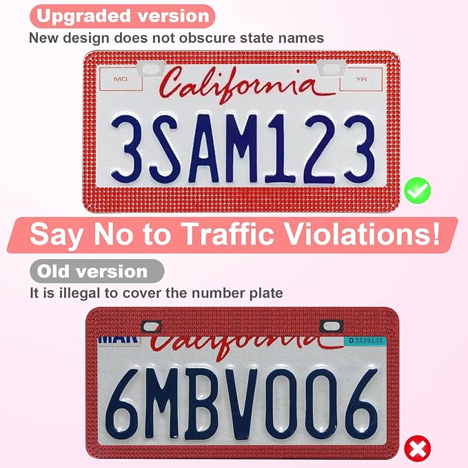 QUANQIUFEI 2 Pack Bling License Plate Frames for Women, Sparkly Rhinestone Diamond Car Accessories with Glitter Crystal Caps (Red) - Image 2