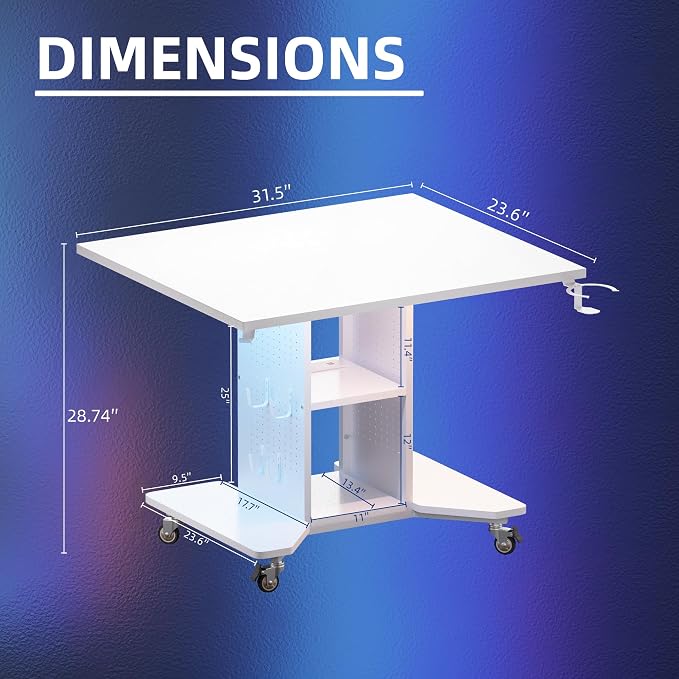 Pamray Small Gaming Desk Rolling Computer Table White | Movable, with Led Lights Power Outlets, with Storage Pegboard and Hook, Sturdy, Suitable for Study Gaming Bedroom Dorm - Image 3