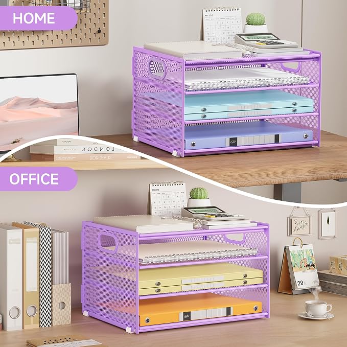 Subekyu Paper Letter Tray Organizer for Desk, Purple Metal Mesh Desk File Sorter Organizer with Handle and 2 Sliding Trays for Home Office School Supplies Organization - Image 5