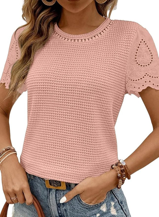 SHEWIN Womens Frenchy Summer Tops Crewneck Short Sleeve T Shirts Casual Waffle Knit Jacquard Blouses Top Shirts by SHEWINBeYourFashionStylist