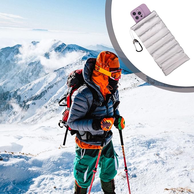 Lyreh Thermal Phone Pouch, Down Cotton Warm Phone Case Cover Bags Prevents Freezing & Overheating Protector Cellphone Pouch with Carabiner for Outdoor Camping Hiking Skiing (Silver) - Image 5