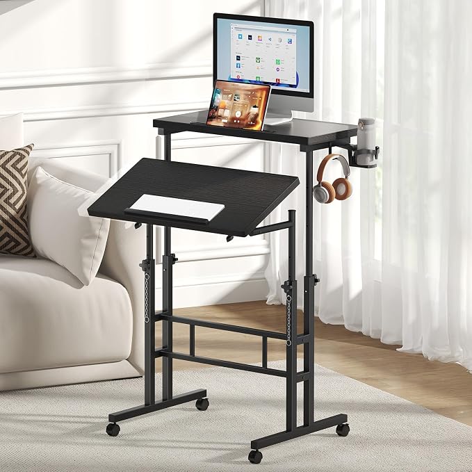 DUMOS Rolling Standing Desk, Sit Stand Desk, Computer Cart | 23.6 Inch Width, Height Adjustable, Split Top, Mobile Laptop Workstation, Office Table, Portable Design, Black by DumosLifestyle