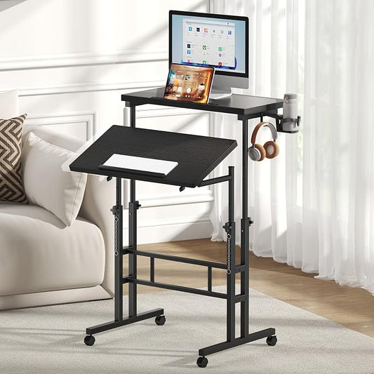 DUMOS Rolling Standing Desk, Sit Stand Desk, Computer Cart | 23.6 Inch Width, Height Adjustable, Split Top, Mobile Laptop Workstation, Office Table, Portable Design, Black by DumosLifestyle