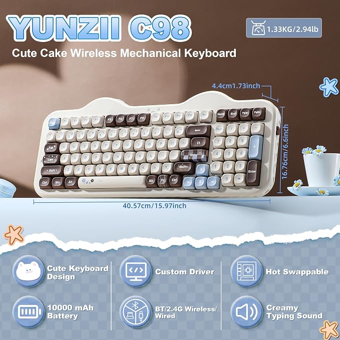 YUNZII C98 Cute Cake Wireless Mechanical Keyboard (Choco, Milk Switch) | 99 Keys with Number Pad, Hot Swap, PBT MOA Keycaps, BT5.0/2.4G/USB-C, Gasket Mount, Custom RGB Backlit for Win/Mac - Image 2