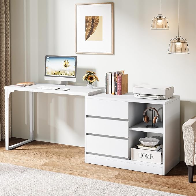 Tribesigns L-Shaped Computer Desk with Drawers and Shelves, Reversible White Corner Office Desk with Storage Cabinet, Modern Study Writing Table for Home Office, Bedroom - Image 5
