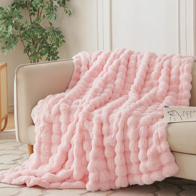 COOVA Faux Fur Throw Blanket for Couch, Cozy Soft and Fuzzy Plush Rabbit Fur Bubble Blanket for Sofa Bedroom Living Room, 50x60 Inches Light Pink by COOVA